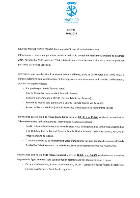 Edital 102/2024 - Rali do Marítimo/Município de Machico 2024 - Trânsito automóvel condicionado/interrompido